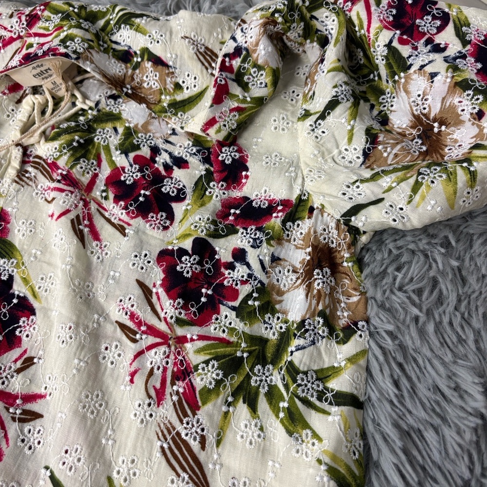 entro Cream Eyelet Floral Blouse with Pink Red Green Accents